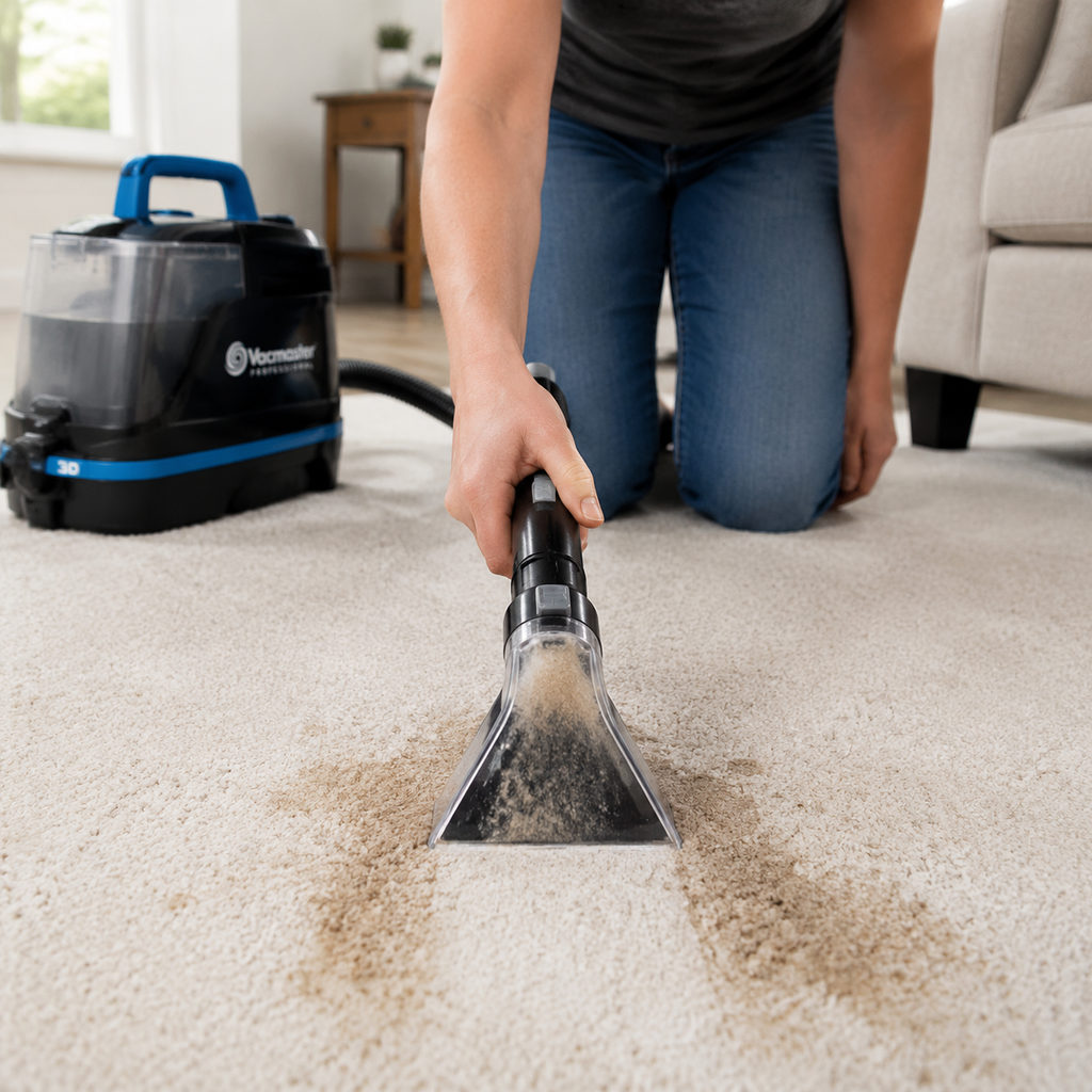 best spot carpet cleaner — using a carpet cleaner on a stain, how-to scene