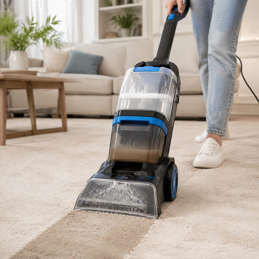 best spot carpet cleaner — carpet cleaner machine deep cleaning a living-room carpet