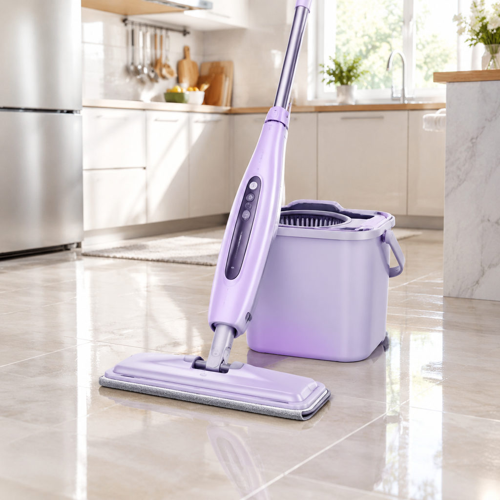 best steam cleaner for floors — spin mop and bucket on a clean tile floor