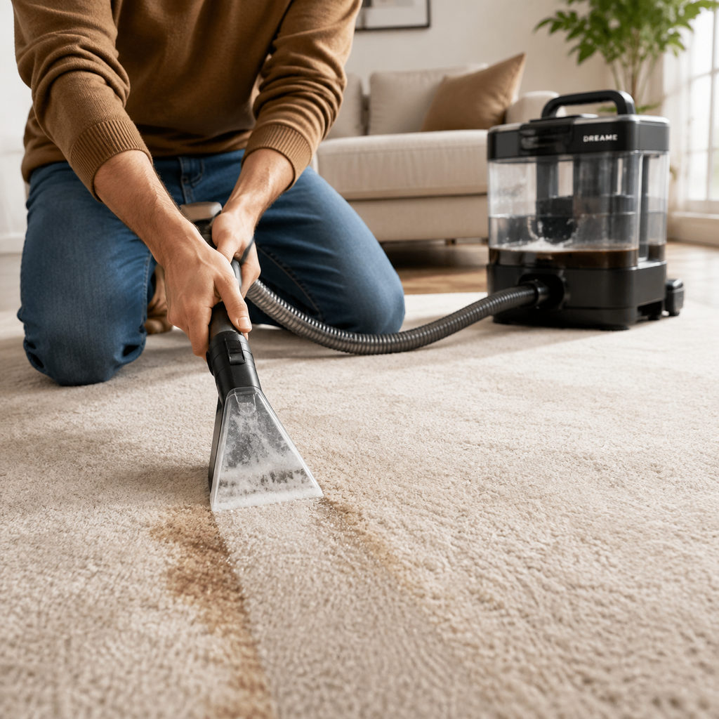 Best Steam Vacuum for Carpet and Set-In Marks 2 best steam vacuum for carpet — using a carpet cleaner on a stain, how-to scene