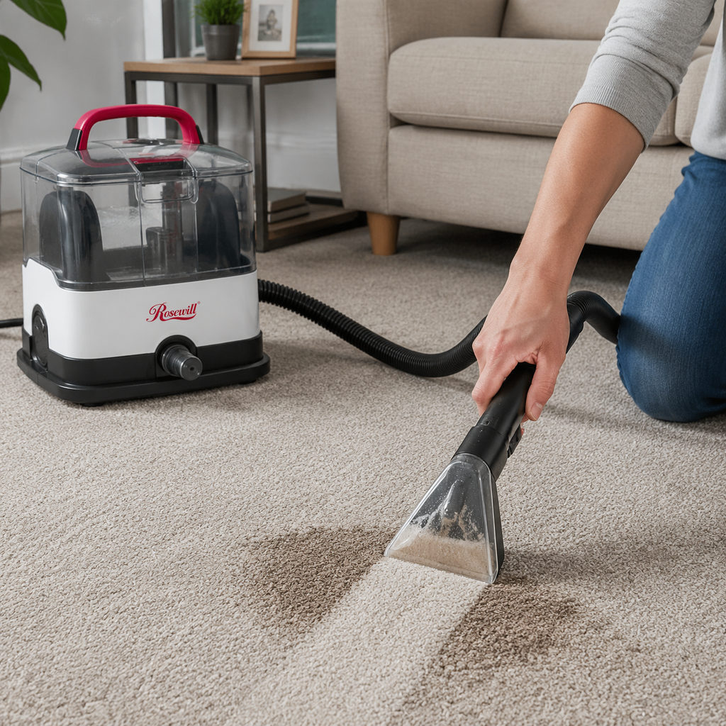 best upholstery cleaner machine — using a carpet cleaner on a stain, how-to scene