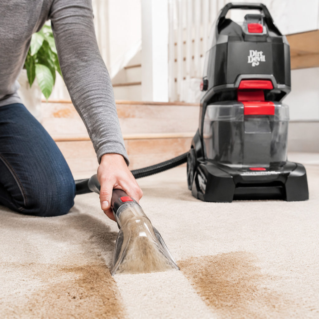 best upright carpet cleaner — using a carpet cleaner on a stain, how-to scene