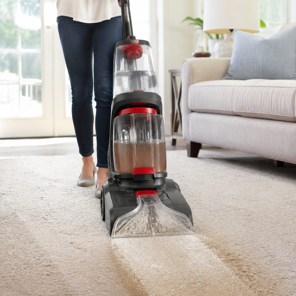 best upright carpet cleaner — carpet cleaner machine deep cleaning a living-room carpet