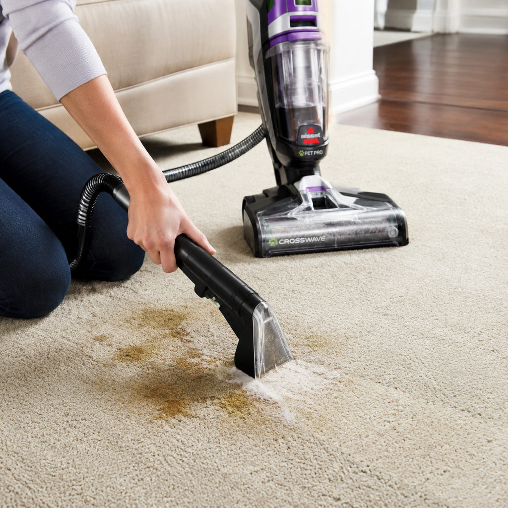 best vacuum and carpet cleaner combo — using a carpet cleaner on a stain, how-to scene