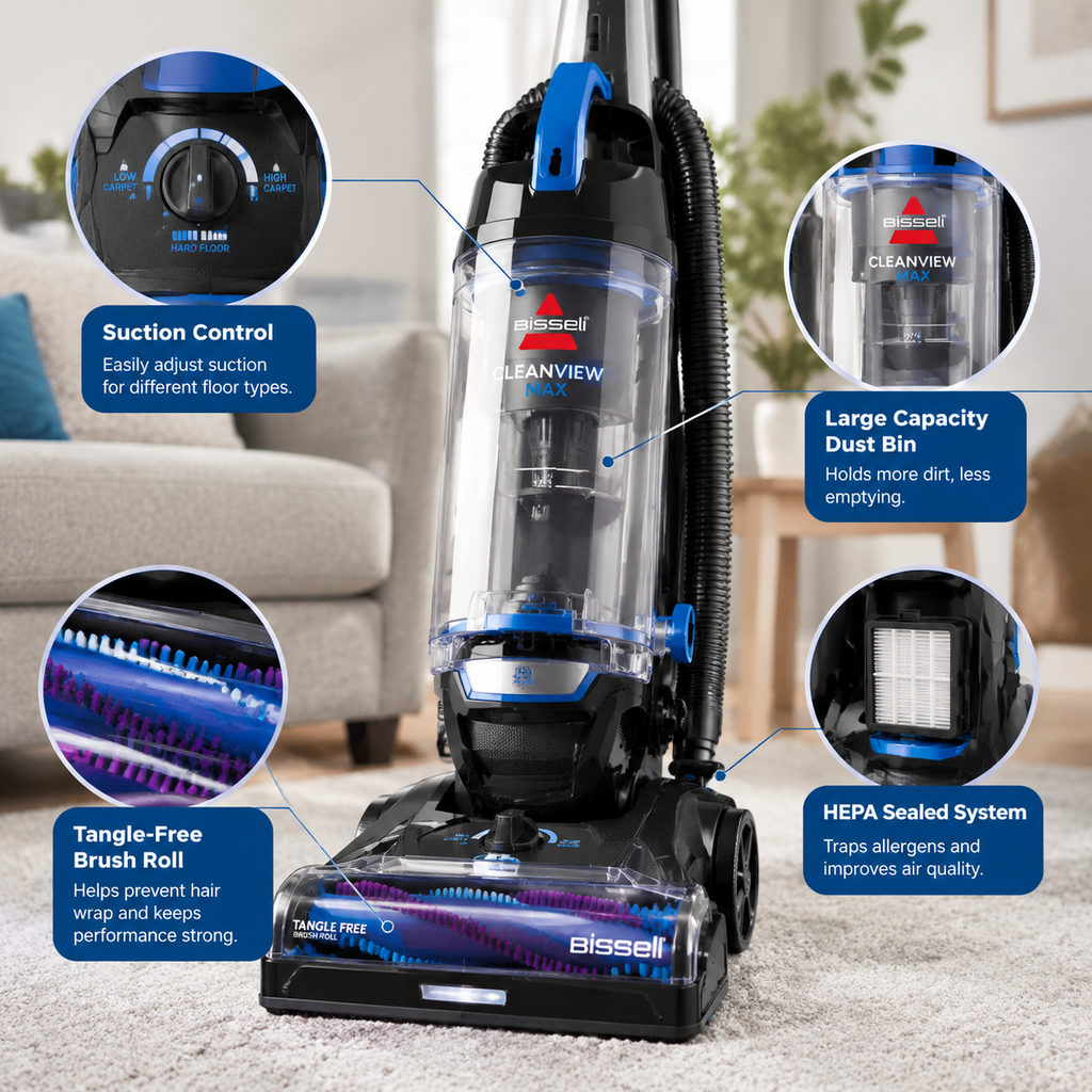 best vacuum for allergies — close-up of vacuum features and specs
