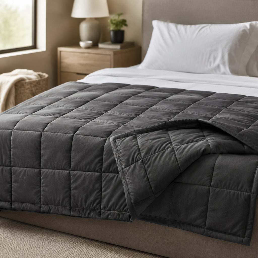 best weighted blanket — weighted blanket draped over a made bed