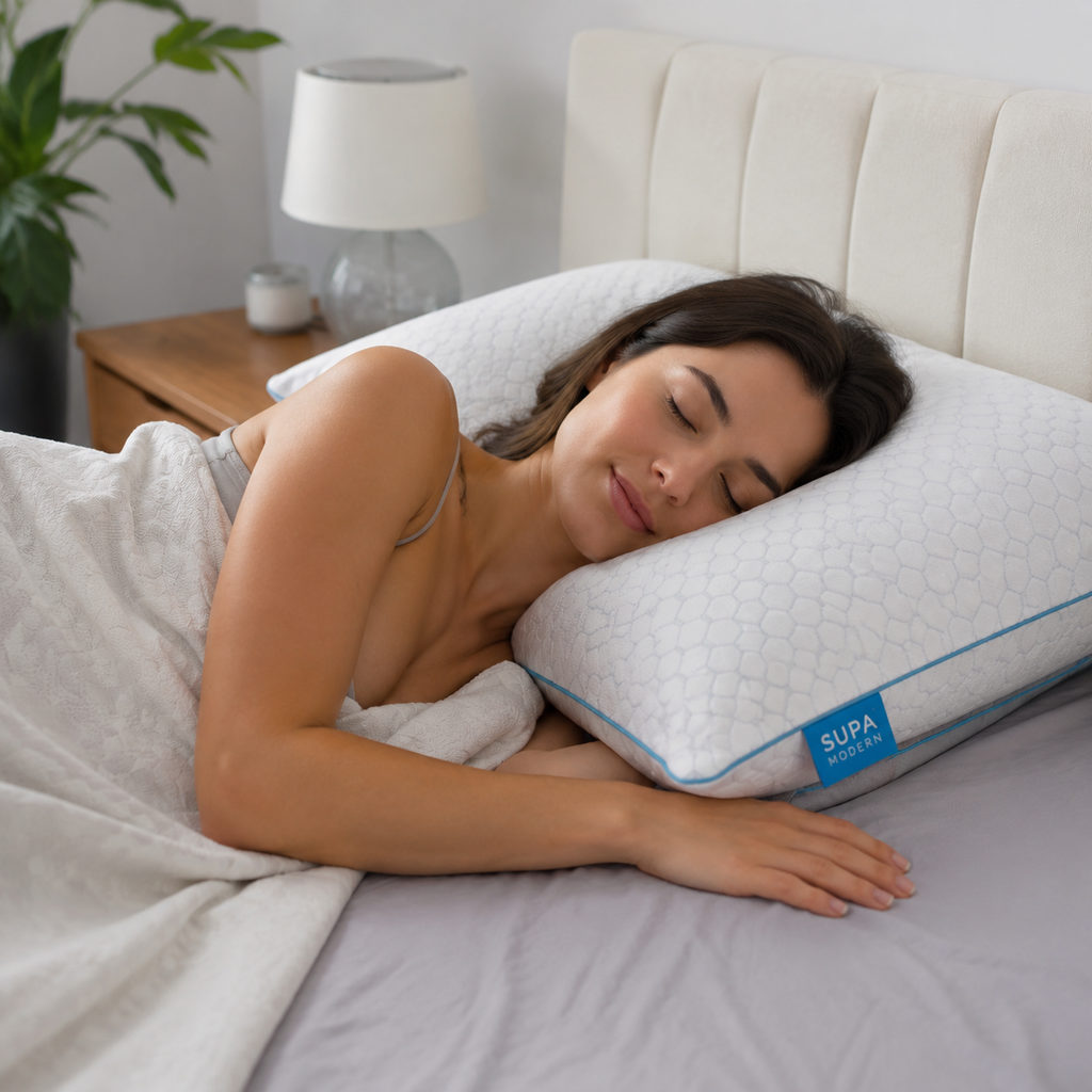 cooling pillow for night sweats — side sleeper using the pillow