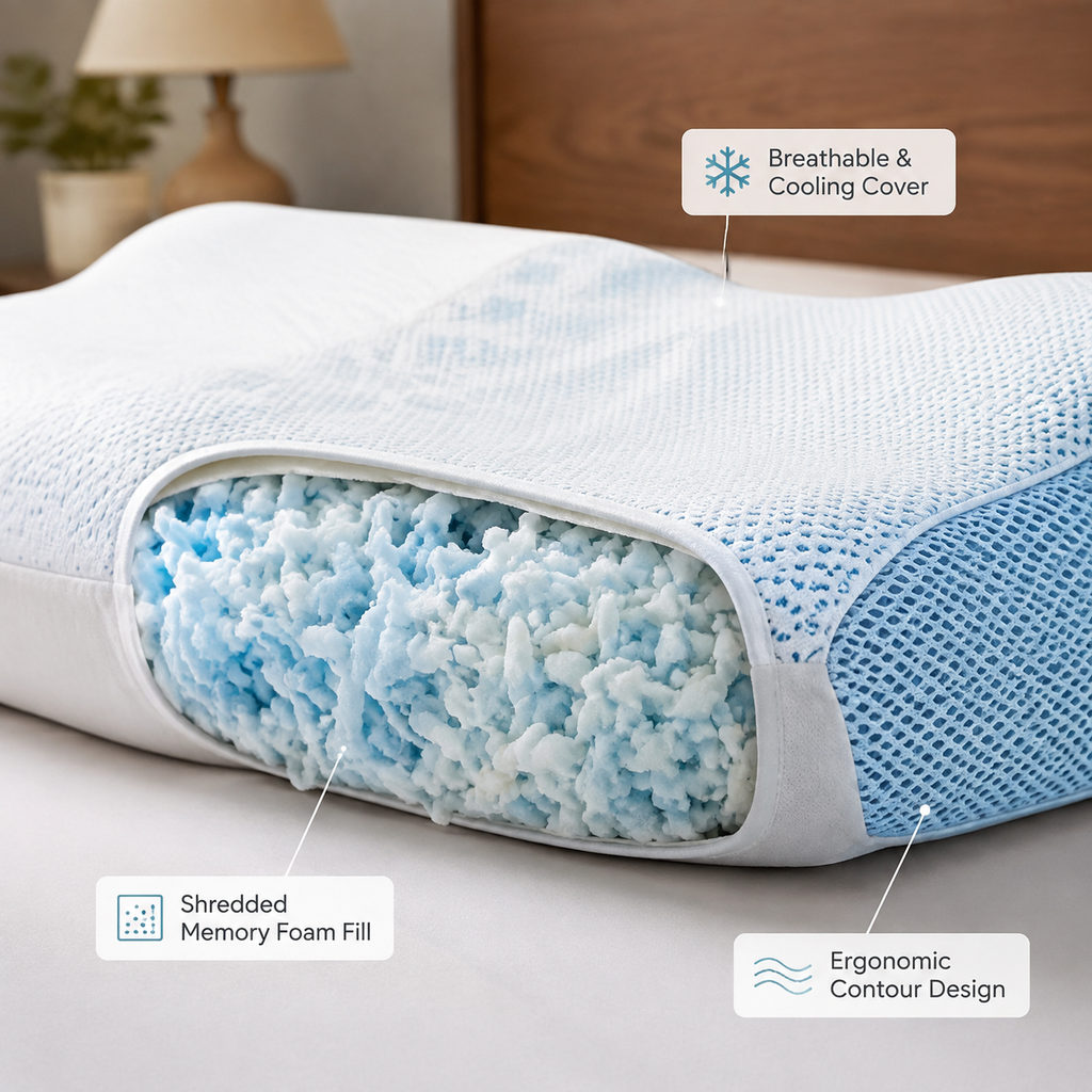 pillow for sleep apnea — pillow fill and cooling cover detail