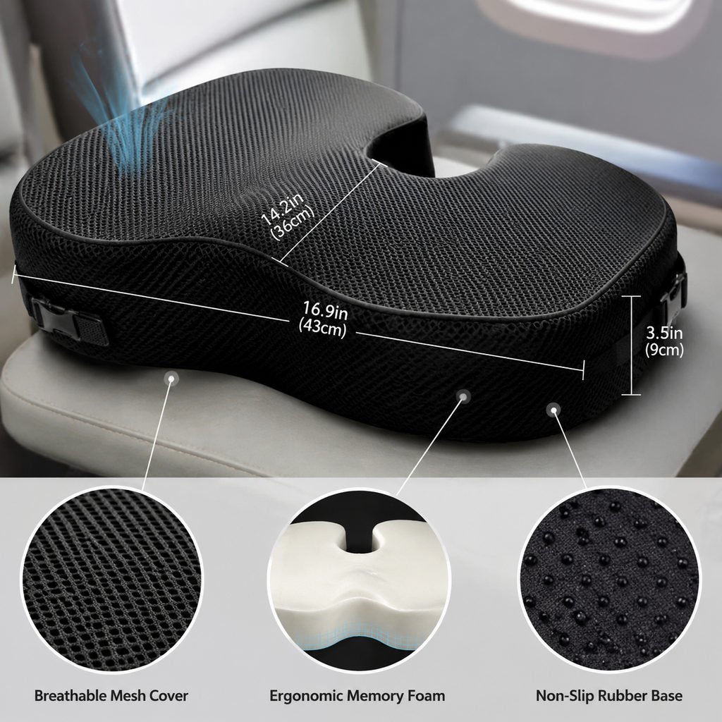travel seat cushion for airplane — seat cushion foam profile and non-slip base