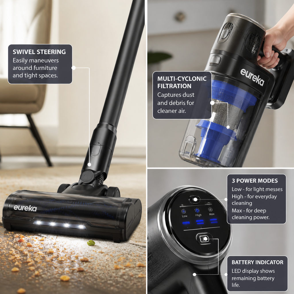 vacuum for laminate floors — close-up of vacuum features and specs